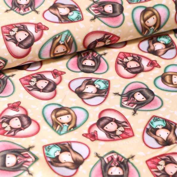 Tissu Coton Santoro London Gorjuss Heart sur fond Beige - Par 10 cm