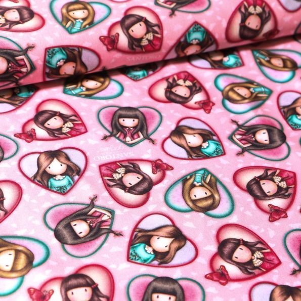 Tissu Coton Santoro London Gorjuss Heart sur fond Rose - Par 10 cm