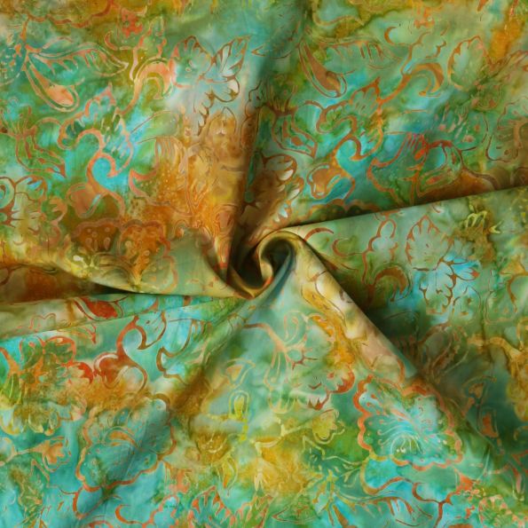 Tissu Coton imprimé Batik Zafaria sur fond Bleu turquoise - Par 10 cm