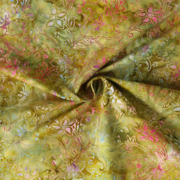 Tissu Coton imprimé Batik Virelia sur fond Vert olive - Par 10 cm