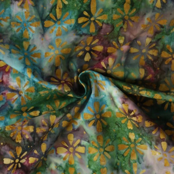 Tissu Coton imprimé Batik Lumaria sur fond Vert foncé - Par 10 cm