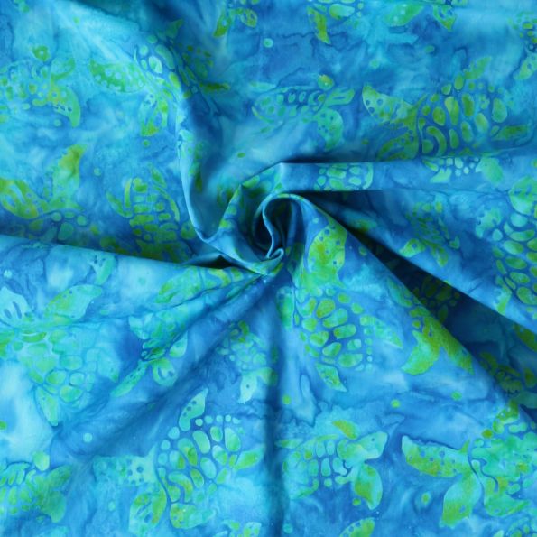 Tissu Coton imprimé Batik Tortika sur fond Bleu lagon - Par 10 cm