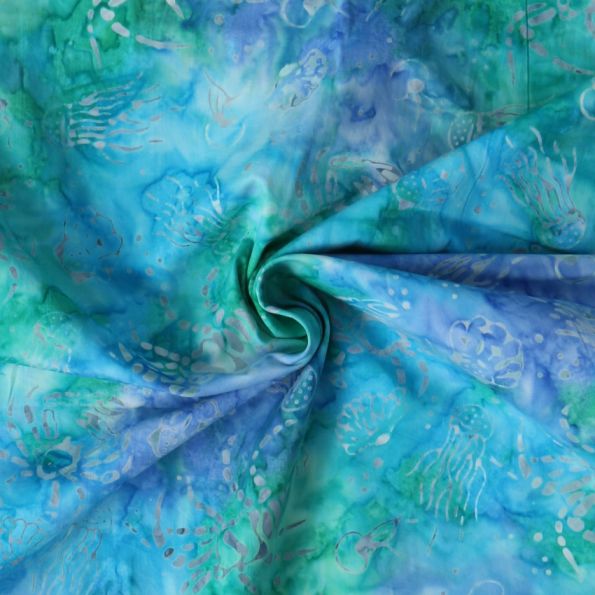 Tissu Coton imprimé Batik Aquaflow sur fond Bleu turquoise - Par 10 cm