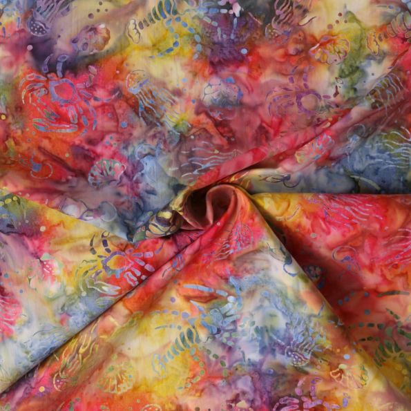 Tissu Coton imprimé Batik Aquaflow sur fond Rouge - Par 10 cm