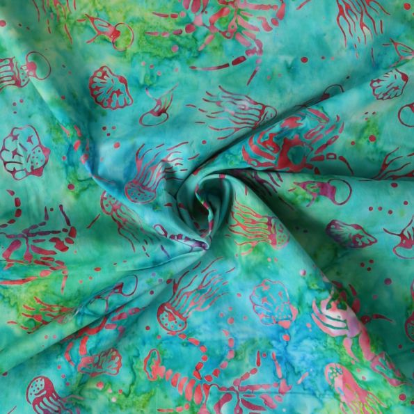 Tissu Coton imprimé Batik Aquaflow sur fond Vert émeraude - Par 10 cm