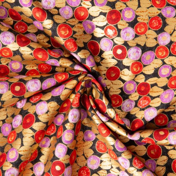 Tissu Gustav Klimt Grains dorés rouge et rose sur fond Noir - Par 10 cm