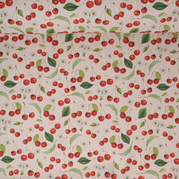 Tissu Toile de Coton aspect lin Cerises cherry sur fond Naturel - Par 10 cm