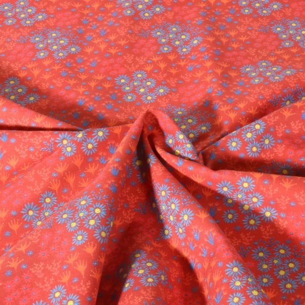 Tissu Popeline de Coton légère Fleuris sur fond Rouge - Par 10 cm