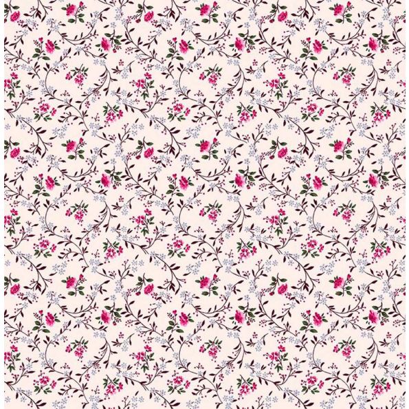 Tissu Voile de Coton Fleuris sur fond Rose bébé - Par 10 cm