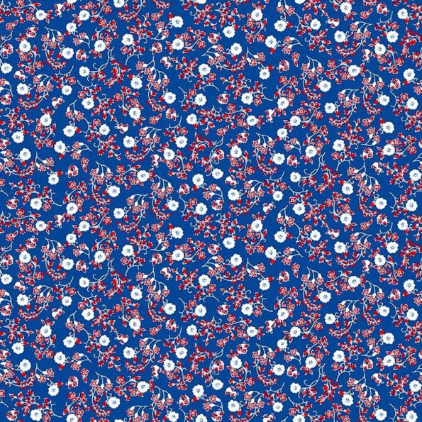 Tissu Voile de Coton Fleuris blanc et rouge sur fond Bleu - Par 10 cm