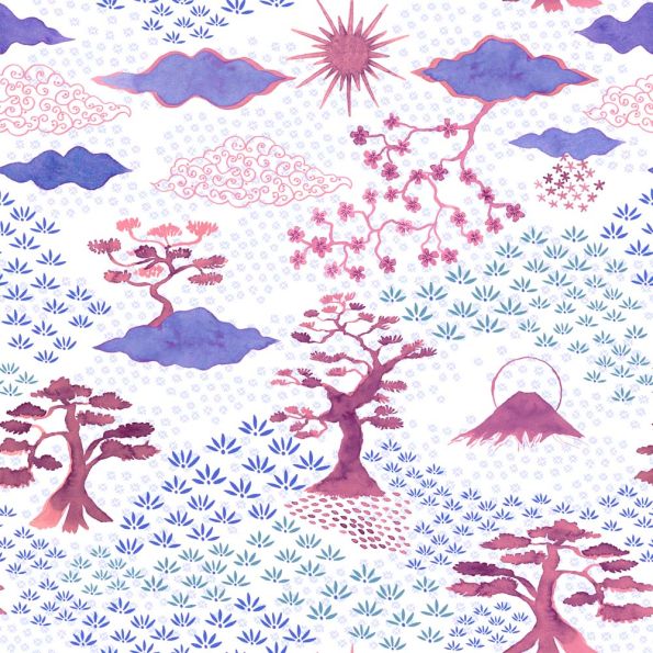 Tissu Coton imprimé Japonais n°3 sur fond Blanc - Par 10 cm