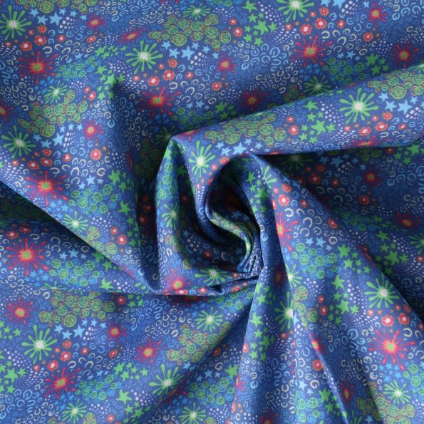 Tissu Coton imprimé  fleuris Florya sur fond Bleu denim - Par 10 cm