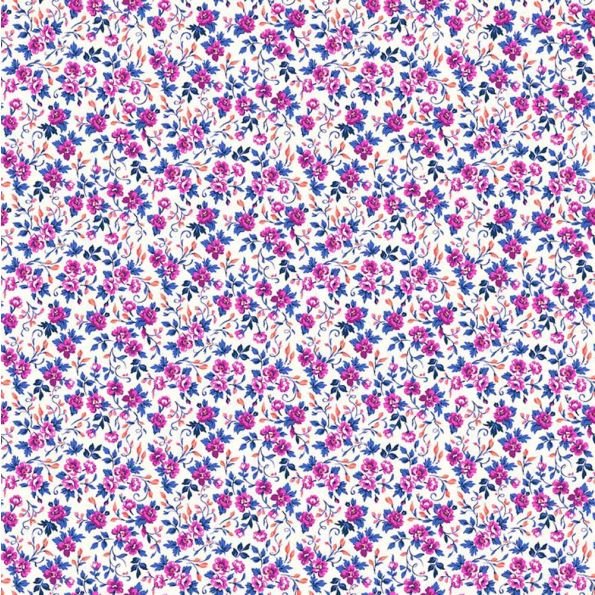 Tissu Voile de Coton Fleuris rose sur fond Blanc - Par 10 cm