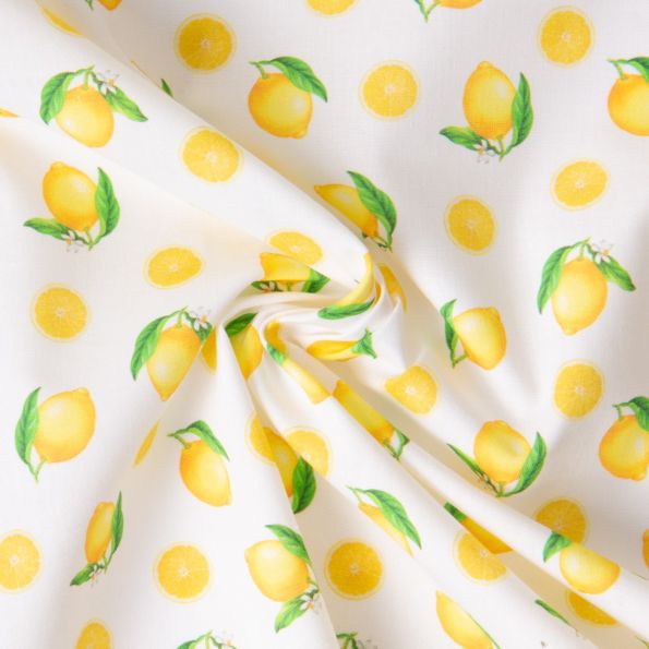 Tissu Coton imprimé Léo Citrons jaunes sur fond Blanc - Par 10 cm