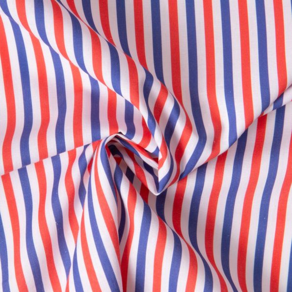Tissu Coton imprimé Rayé bleu, blanc, rouge sur fond Blanc - Par 10 cm