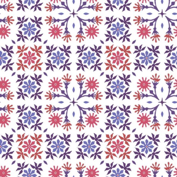 Tissu Coton imprimé Carreaux de ciment violet et parme sur fond Blanc - Par 10 cm