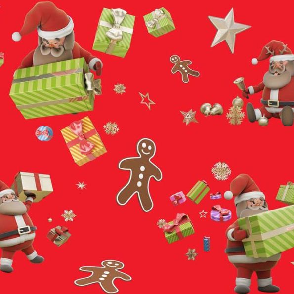 Tissu Coton imprimé festif de Noël sur fond Rouge - Par 10 cm