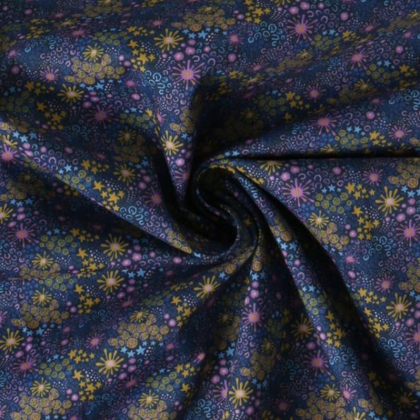 Tissu Coton imprimé  feuris Elynai sur fond Bleu nuit - Par 10 cm