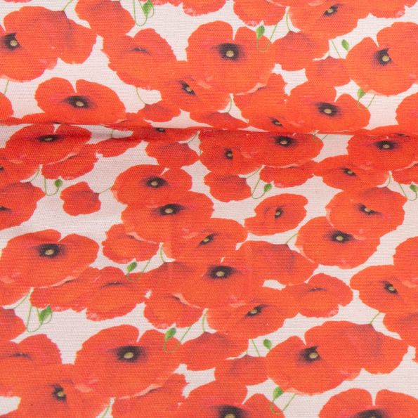 Tissu En Popeline De Coton Peigné Imprimé Coquelicot Floral Noir, Crème Et Rouge – Au Mètre