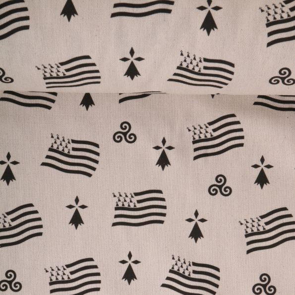 Tissu Toile de Coton aspect lin Symboles Breton sur fond Naturel - Par 10 cm