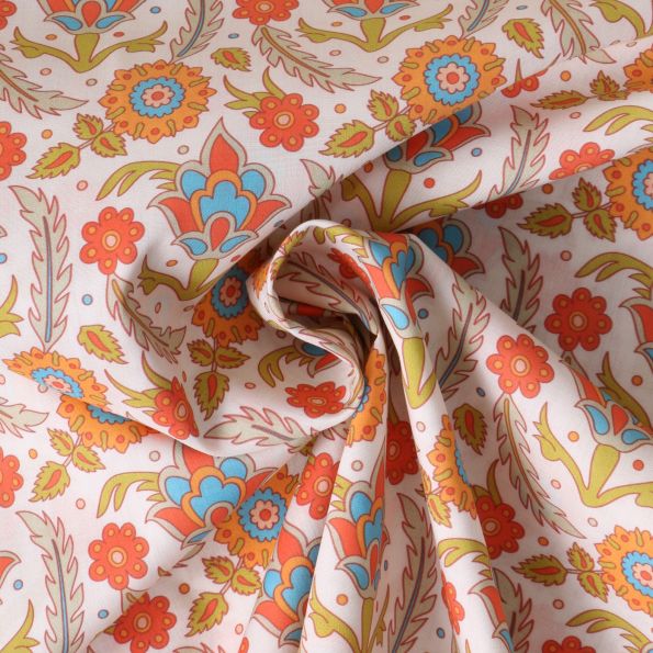 Tissu Coton imprimé indien Kiran sur fond Ecru - Par 10 cm