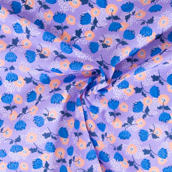 Tissu Coton imprimé Fleuris Jules sur fond Parme - Par 10 cm