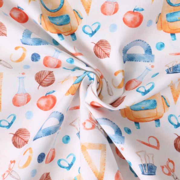 Tissu Coton imprimé  Ecolora rentrée des classes sur fond Blanc cassé - Par 10 cm
