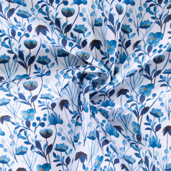 Tissu Coton imprimé Lou Fleuris bleu sur fond Blanc - Par 10 cm