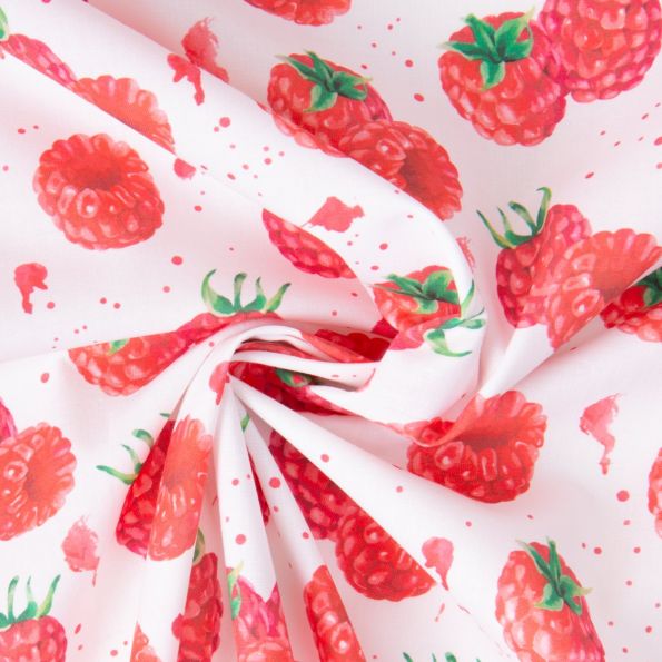 Tissu Coton imprimé Framboises sur fond Blanc - Par 10 cm