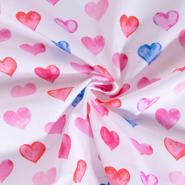Tissu Coton imprimé Coeur rouge, bleu et rose sur fond Blanc - Par 10 cm