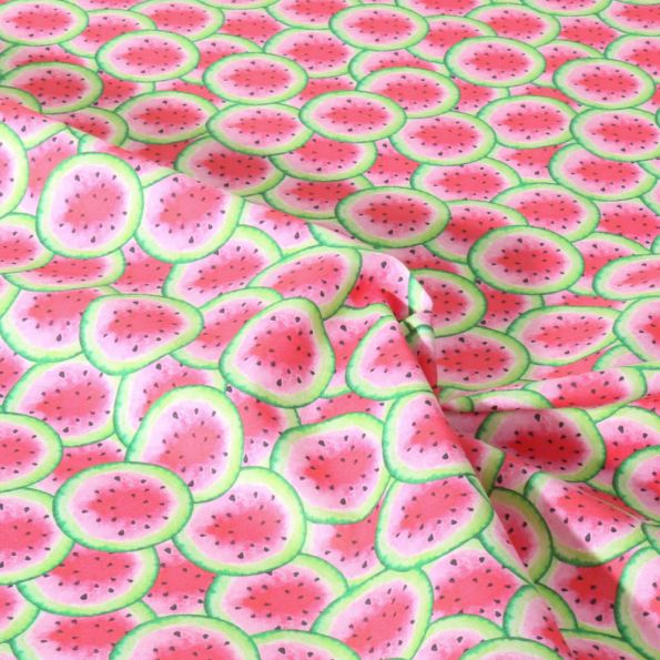 Tissu Coton imprimé Sandy fruits sur fond Rose - Par 10 cm