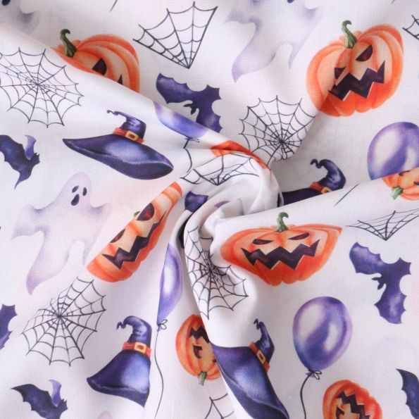 Tissu Coton imprimé  Jackyboo motifs d'halloween sur fond Blanc - Par 10 cm