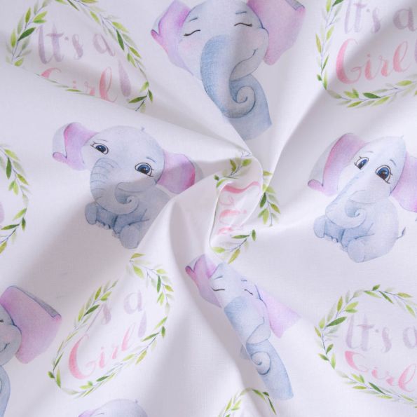 Tissu Coton imprimé It's a Girl sur fond Blanc - Par 10 cm