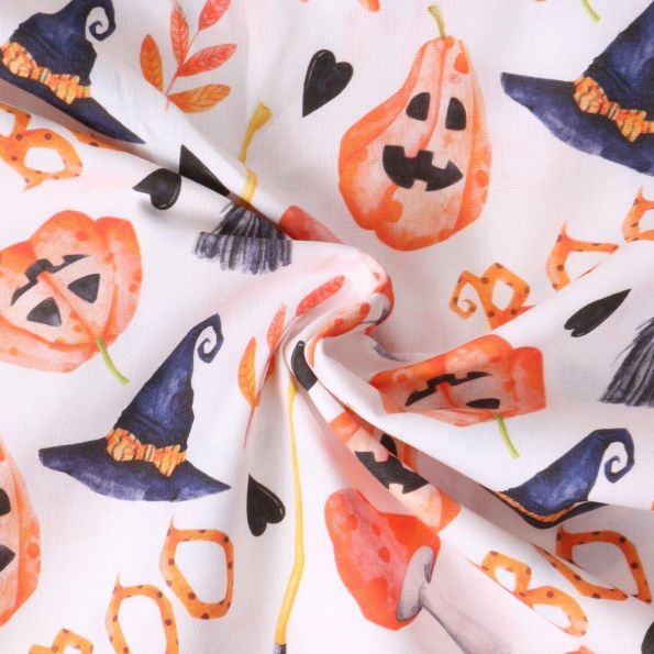 Tissu Coton imprimé  Pumpkinou motifs d'halloween sur fond Blanc - Par 10 cm