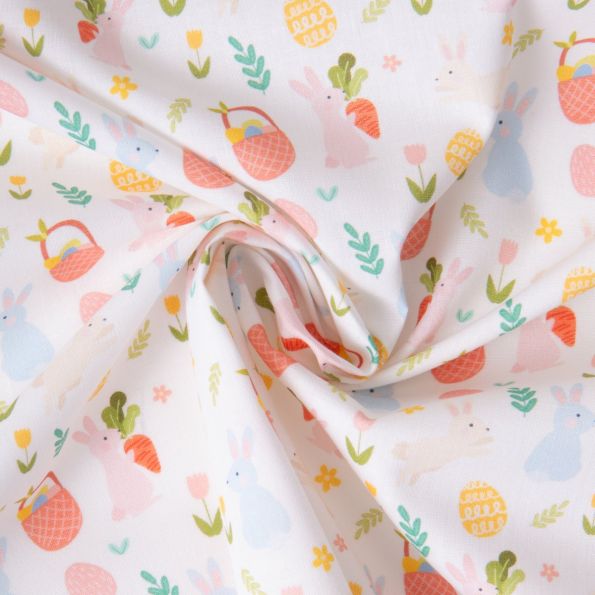 Tissu Coton imprimé Cueillette des oeufs sur fond Blanc - Par 10 cm