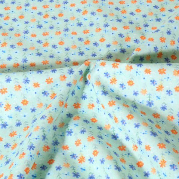 Tissu Popeline de Coton légère Petites fleurs sur fond Vert menthe - Par 10 cm