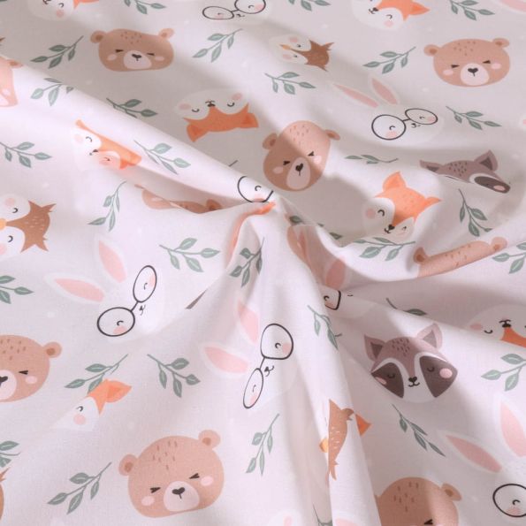 Tissu Coton imprimé Animaux et branches sur fond Rose pâle - Par 10 cm