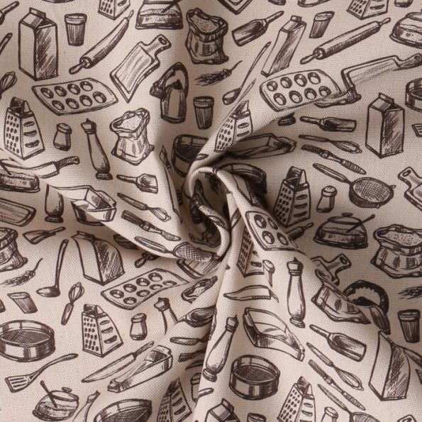 Tissu Toile Canvas Kitchen sur fond Beige - Par 10 cm
