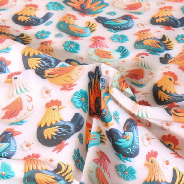Tissu Coton imprimé digital Poulailler Pop animaux sur fond Rose pâle - Par 10 cm