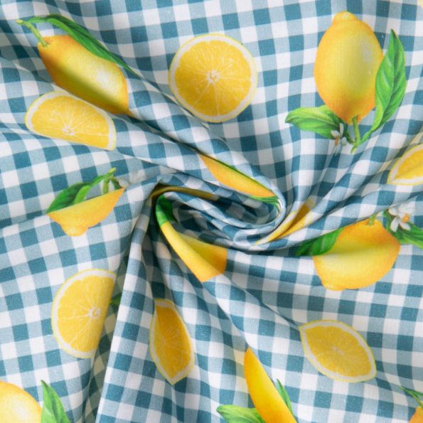 Tissu Coton imprimé Carreaux bleu et citrons, oranges jaunes sur fond Blanc - Par 10 cm