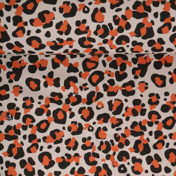 Tissu Toile de Coton aspect lin Léopard orange et noir sur fond Naturel - Par 10 cm