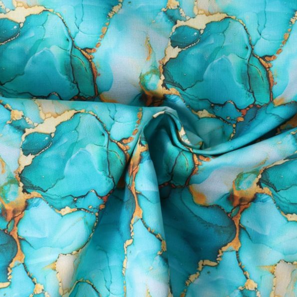Tissu Coton imprimé  Auralis marbrures Dorées sur fond Bleu turquoise - Par 10 cm