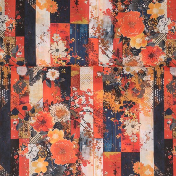 Tissu Coton imprimé  Flowers stripes sur fond Orange - Par 10 cm