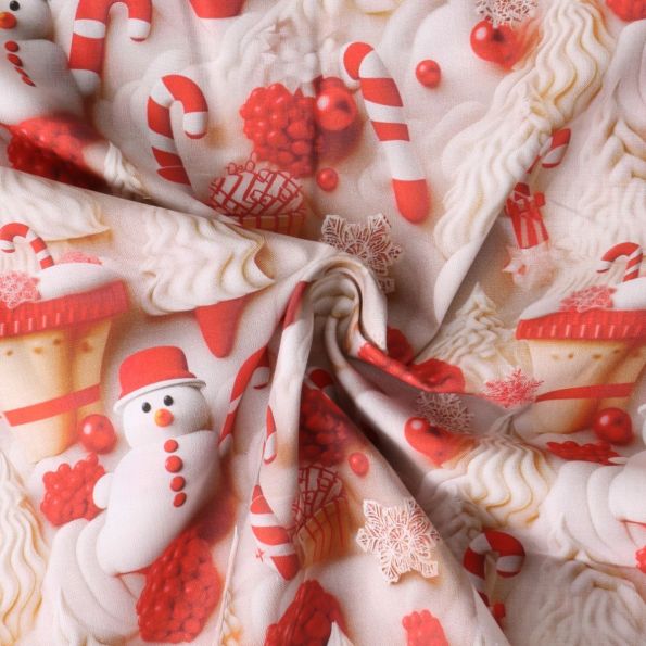 Tissu Coton imprimé Mirléna Noël pâtissier sur fond Ivoire - Par 10 cm