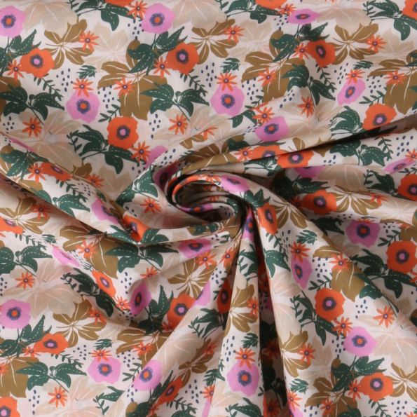 Tissu Voile de Coton fleurs Calista sur fond Beige - Par 10 cm