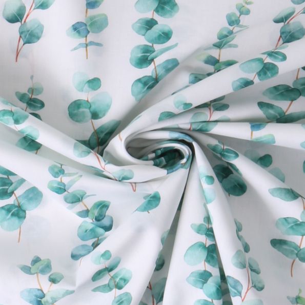 Tissu Voile de Coton feuilles Eucalia Vertes sur fond Blanc - Par 10 cm