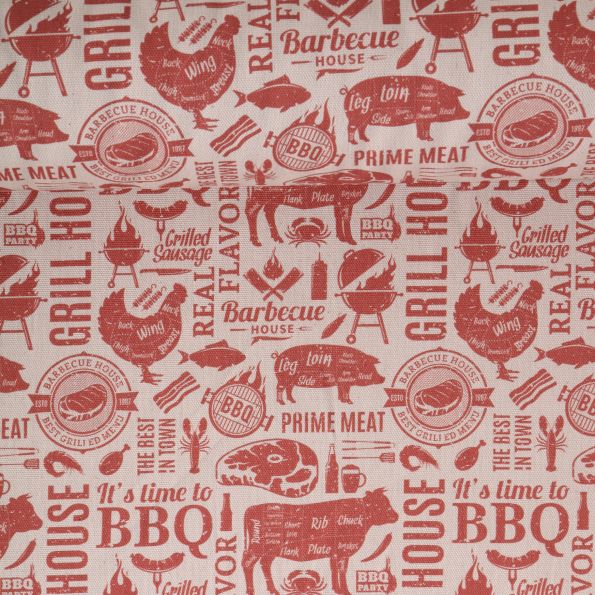 Tissu Toile de Coton aspect lin Barbecue Time sur fond Naturel - Par 10 cm