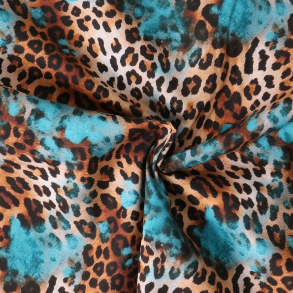Tissu Coton imprimé  Savahona léopard sur fond Bleu turquoise - Par 10 cm
