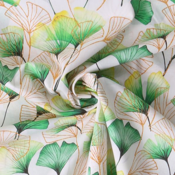 Tissu Voile de Coton feuilles Ginkara Dorées sur fond Blanc - Par 10 cm