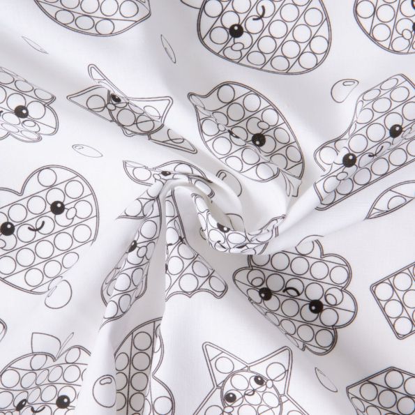 Tissu Coton à colorier Happy Popit sur fond Blanc - Par 10 cm